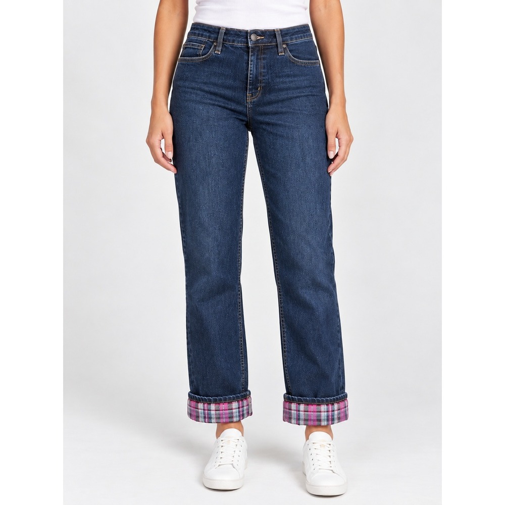 Bit & Bridle Flannel Lined Jeans Women 8 Dark Wash Straight Leg Plaid Lining